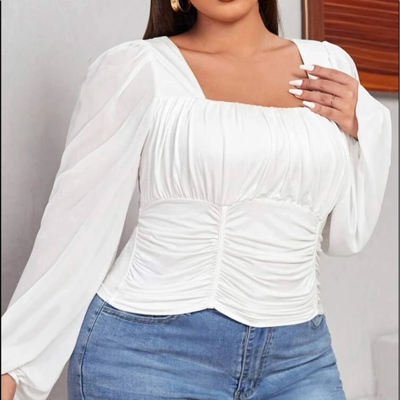 Boho Plus Size White Bishop Sleeve Shirt Top Blouse White - Picture 5 of 9